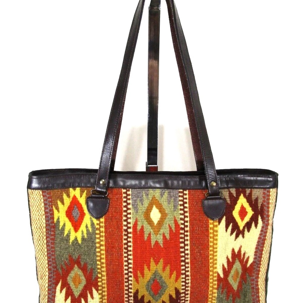 Large Southwestern Aztec Wool & Leather Shoulder Tote Handbag - Picture 2 of 11